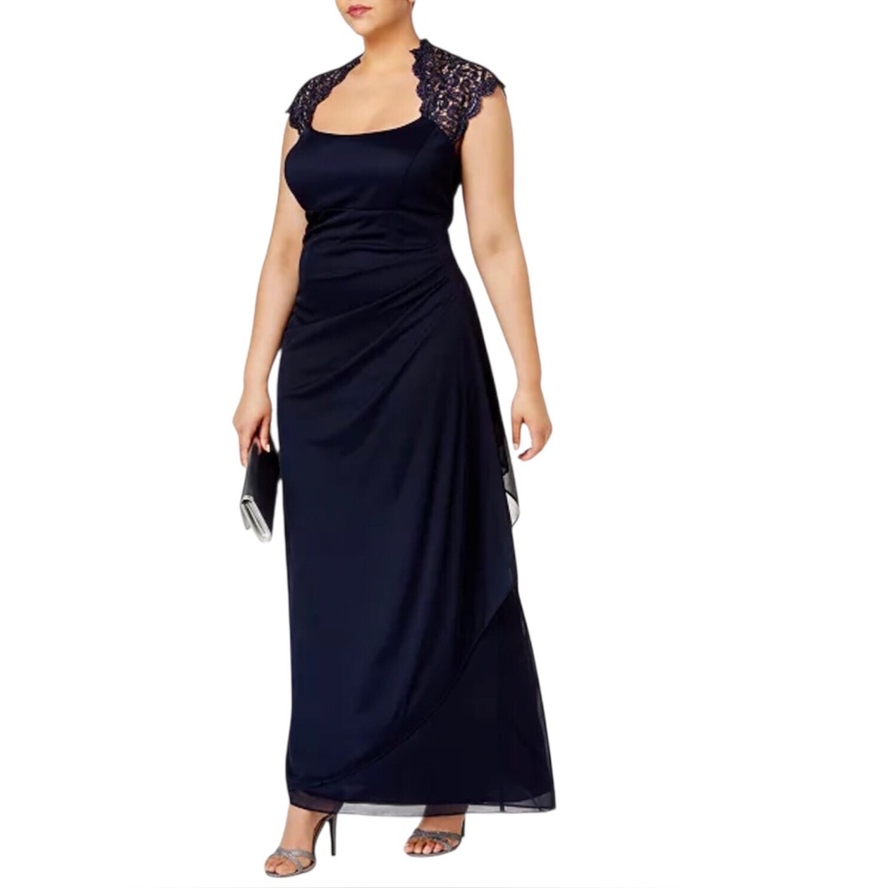 XSCAPE Blue Ruched Chiffon Lace Cap Sleeve Gown Size 16
